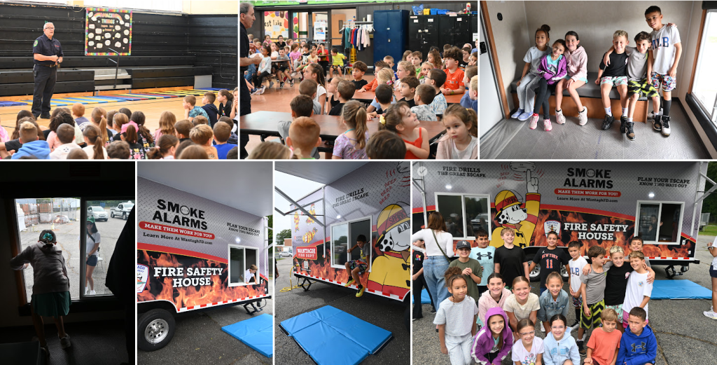 A collage of photos shows children attending an educational community event with emergency vehicles and a presenter.